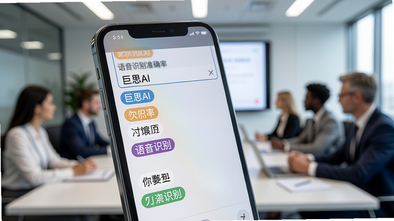巨思AI实时转写功能特写,手机屏幕显示转写文字流,不同发言人用彩色标签区分,背景为会议室模糊场景,强调语音识别准确率,画面干净专业