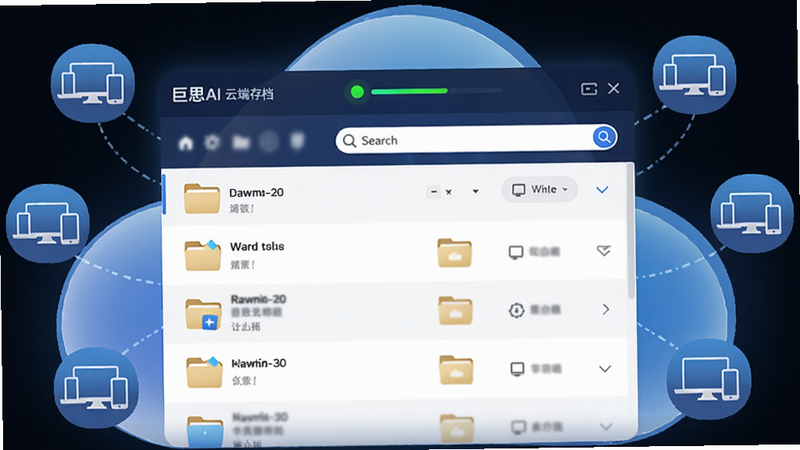 巨思AI云端存档界面,展示文件夹列表和搜索框,顶部有同步状态指示灯,多设备图标环绕,背景为云朵形状,科技感强