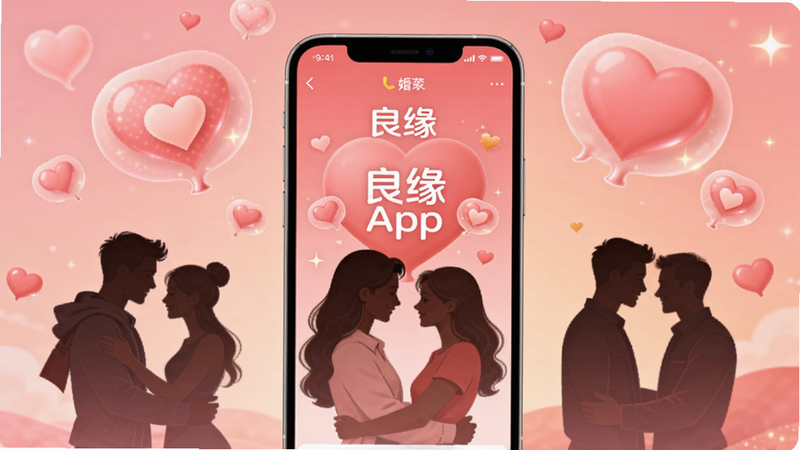 画面中央展示良缘APP手机界面,背景为温馨的粉色渐变,周围环绕心形气泡和情侣剪影,突出社交婚恋主题,适配Boogu模型生成