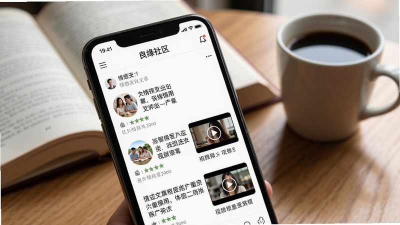 手机屏幕显示良缘社区页面,包含情感文章列表与视频教程缩略图,背景为书籍和咖啡杯,营造知识氛围