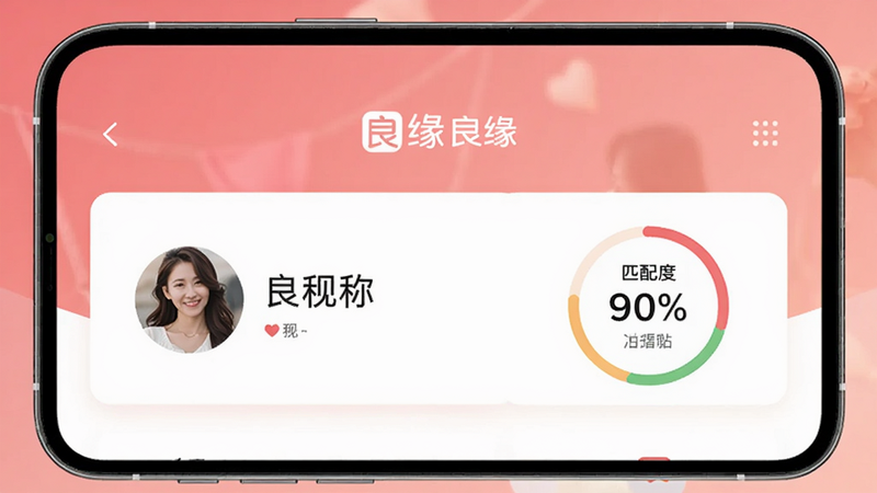良缘婚恋交友APP主界面预览图,画面展示一个手机屏幕,屏幕内显示良缘首页推荐卡片,背景为温馨的粉色渐变,左侧有用户头像和昵称,右侧有匹配度百分比,整体风格清新简洁,突出良缘品牌logo,适配Boogu模型生成