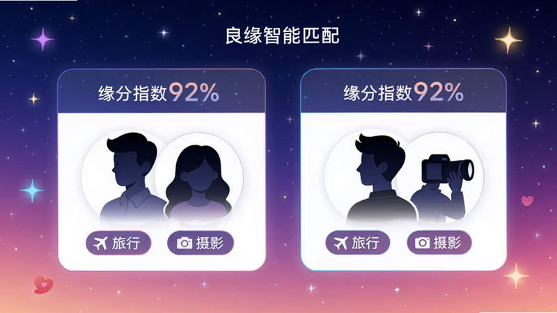良缘智能匹配页面示意图,画面中间显示两张匹配卡片,上面标有“缘分指数92%”,背景为渐变的星空,卡片上有男女头像轮廓与共同兴趣标签如“旅行”“摄影”,整体科技感与浪漫感结合,适配Boogu模型生成