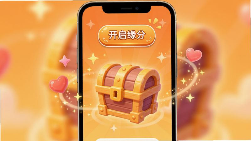 良缘互动玩法界面预览,画面显示缘分盲盒功能,手机屏幕内有一个旋转的宝箱,上方有“开启缘分”按钮,周围环绕爱心和星光特效,背景为温暖的橙色渐变,整体活泼可爱,适配Boogu模型生成