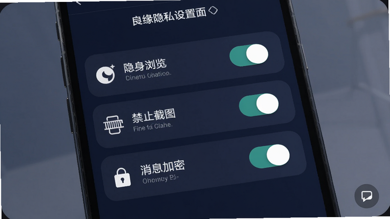 良缘隐私设置界面,手机屏幕列出“隐身浏览”“禁止截图”“消息加密”等开关,每个开关旁有图标说明,背景为深蓝色,文字白色,突出安全感和高级感,适配Boogu模型生成