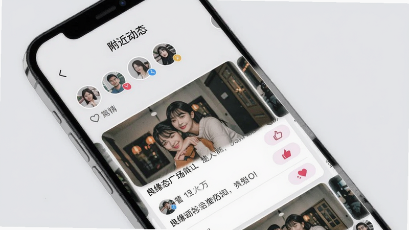 良缘动态广场界面图,手机屏幕呈现瀑布流布局,有照片、文字和点赞按钮,背景为浅灰色,顶部有“附近动态”标签,用户头像圆形排列,整体设计清爽,适配Boogu模型生成