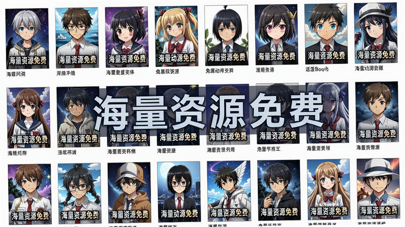 免费动漫资源列表截图,显示几十部动漫封面,标题包含“海量资源免费”,背景为二次元星空,适配Boogu模型生成