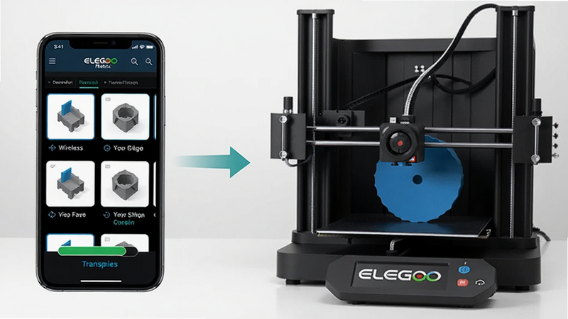 ELEGOO Matrix 界面展示无线传输功能,手机屏幕显示模型列表与传输进度,旁边放置一台ELEGOO品牌3D打印机,背景简洁,突出操作流程。