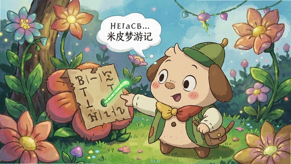 米皮梦游记主角在梦幻花园中解谜,画面风格手绘,色彩丰富,Boogu生成