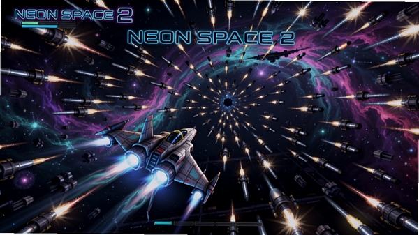 霓虹空间2Neon Space 2游戏主界面截图,展示太空战机在密集弹幕中闪避,背景为绚丽的霓虹星云,适配Boogu模型生成。