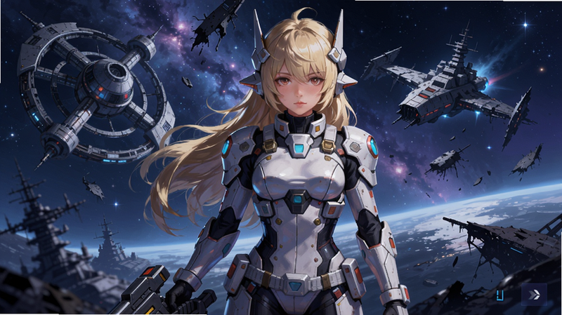 交错战线游戏主界面,画面中央站立着一位身穿白色机甲的金发女性战姬,背景是璀璨星空与太空站,远处有战舰残骸,整体色调蓝紫科幻风格,细节丰富,光影细腻,适合作为游戏宣传图。