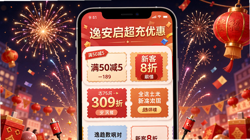 逸安启超充优惠活动页面,手机屏幕上展示多个优惠券卡片,有“满50减5”、“新客8折”等标签,背景有烟花或促销元素,色彩鲜艳。