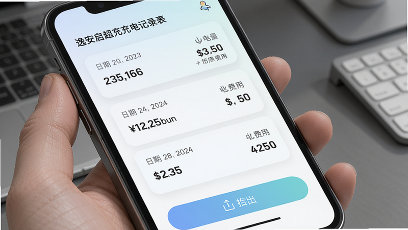 逸安启超充充电记录列表,手机屏幕上显示多条充电记录卡片,每条包含日期、电量和费用,底部有导出按钮,界面采用卡片式设计,配色柔和。