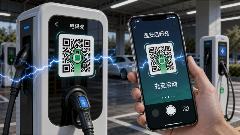 逸安启超充扫码充电动画效果,手机摄像头对准充电桩二维码,屏幕上出现充电启动动画,周围有电流特效,背景是停车场充电桩。