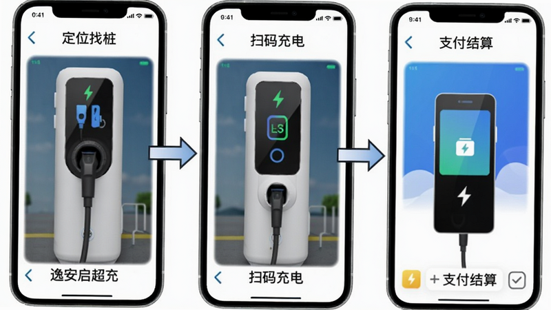 逸安启超充使用教程图解,分为三个步骤:定位找桩、扫码充电、支付结算,用箭头连接,背景为手机界面截图拼合,画风简洁清晰。