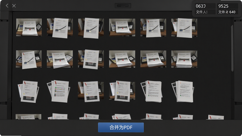 照片扫描仪批量扫描界面,显示多张缩略图排列,底部有“合并为PDF”按钮,右上角显示页数和文件大小。