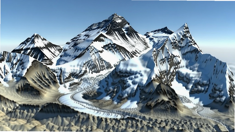 三维地图发现展示珠穆朗玛峰三维地形,雪峰细节清晰,山谷阴影自然,天空背景,Boogu生成。