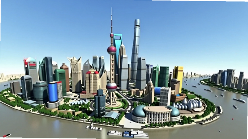 三维地图发现上海陆家嘴建筑群三维视图,东方明珠塔清晰可见,黄浦江环绕,天空晴朗,Boogu生成。