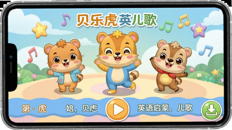 贝乐虎英语启蒙儿歌播放界面,屏幕中央是卡通小动物在跳舞,下方有滚动歌词,播放按钮和下载图标,背景为音乐主题,色彩柔和