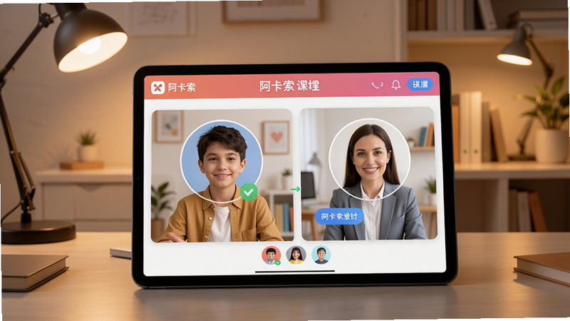 阿卡索app主界面展示,外教一对一视频教学场景,学员正与外教互动对话;背景为简约书房风格,暖色调灯光,突出学习氛围;画面中心为平板电脑屏幕显示阿卡索课堂界面,学员头像与外教头像清晰可见;整体风格温馨专业,适配Boogu模型生成