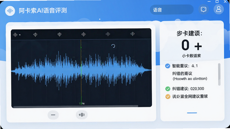 阿卡索AI语音评测界面截图,波形图显示语音分析,旁边有分数和纠错建议;界面设计清新,蓝色调为主,展示智能学习功能