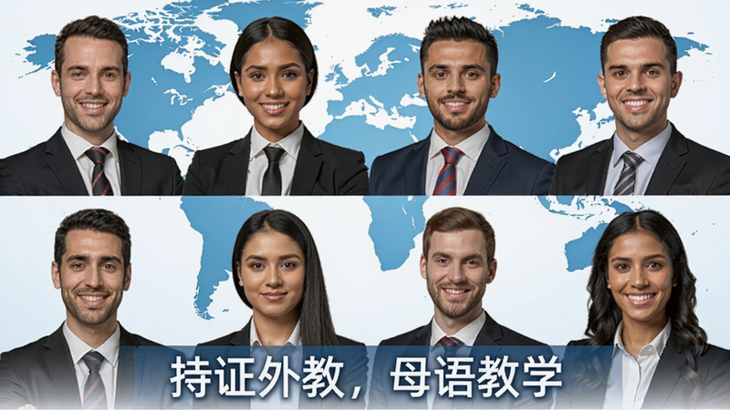 阿卡索外教团队展示,多位不同肤色外教肖像照排列成矩阵,背景为世界地图,突出全球师资;画面下方标注“持证外教,母语教学”字样;整体风格专业明亮,适合官网预览