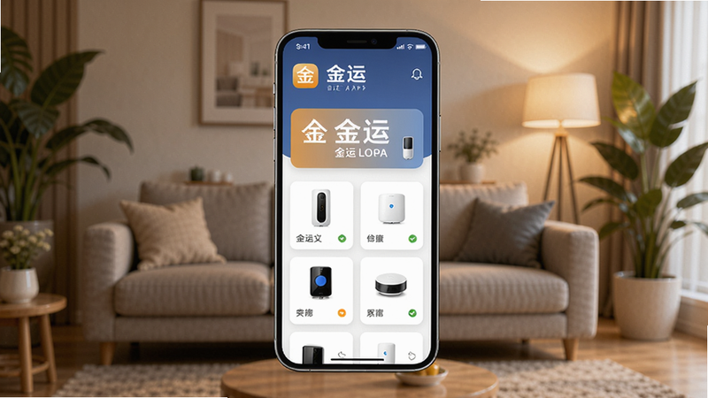 金运APP主界面,手机屏幕显示设备列表,背景为现代家居客厅,沙发与绿植,暖色调灯光,手机居中,画面清晰细腻,写实摄影风格,突出金运LOGO和设备卡片。