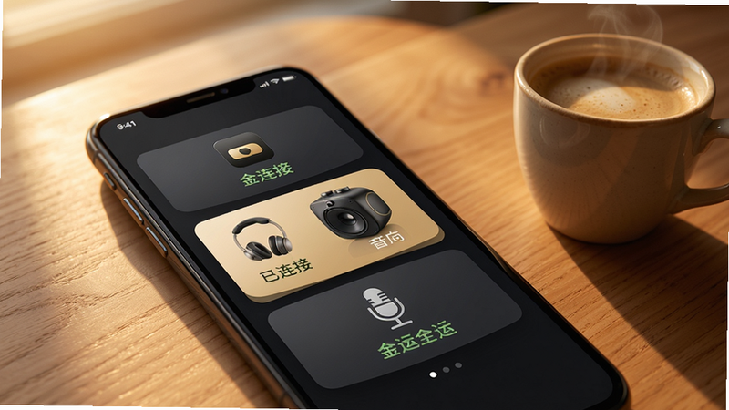 金运APP多设备连接界面,手机屏幕上显示三个金运设备卡片(耳机、音响、麦克风),分别标注已连接状态,背景为木质桌面,有咖啡杯,暖光,写实摄影风格,细节清晰。