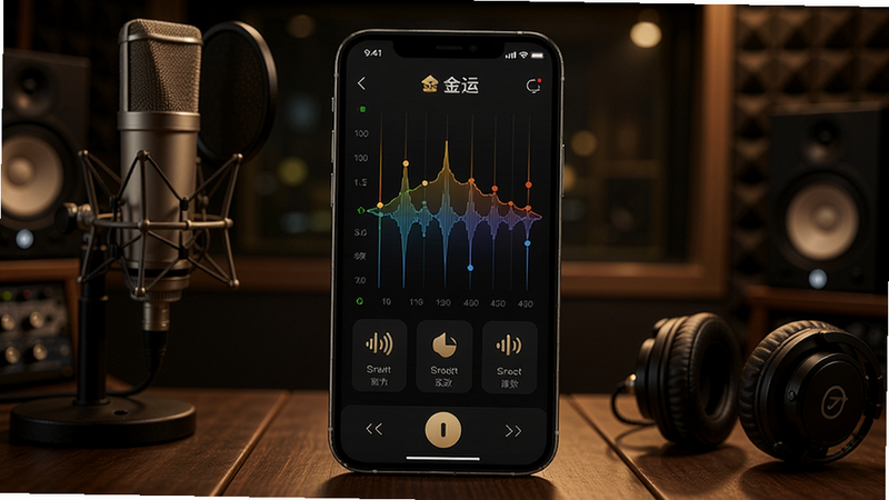 金运APP音效调节界面,显示均衡器波形图,手机屏幕上有多个音效预设图标,背景是录音棚场景,麦克风与耳机,专业氛围,电影感光线,细腻材质。