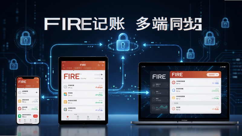 展示FIRE记账在不同设备(手机、平板、电脑)上的同步界面,数据流线连接,背景有加密锁图标,整体科技感与安全感结合,画面中央文字“FIRE记账 多端同步”