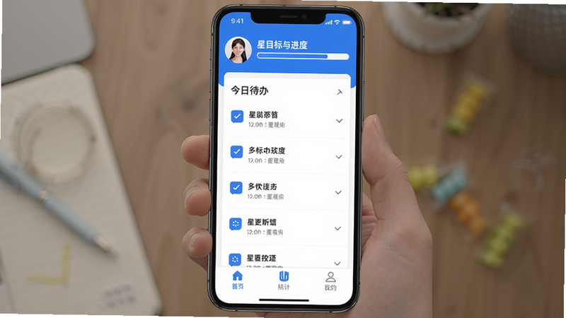 星目标app主界面,顶部显示用户头像和当前目标进度条,中部为今日待办列表,底部导航栏包含首页、统计、我的,整体采用白色背景和蓝色主色调,简洁现代