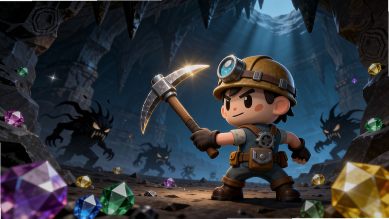 A miner character standing in a dark underground cavern, holding a glowing pickaxe, surrounded by sparkling gems and approaching shadowy monsters. The background shows deep rock layers and a faint light from above. The scene is dynamic with bright highlights on the miner's gear, vibrant colors, and a 9:16 mobile game aspect ratio. Boogu model.