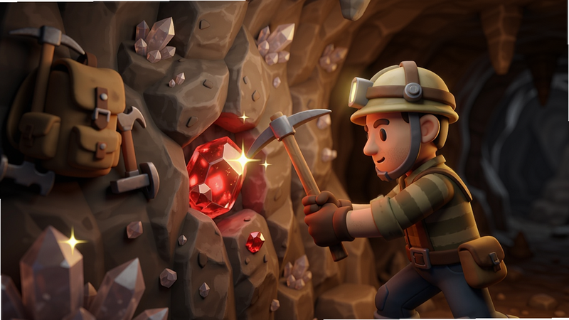 A detailed view of a miner digging into a rock wall with a pickaxe, revealing glowing red gems. The cave interior has rough textures, scattered crystals, and a backpack with tools hanging nearby. The lighting emphasizes the sparkle of the gems, with a warm underground atmosphere. Boogu model, 9:16 ratio. Miner Fighters preview.