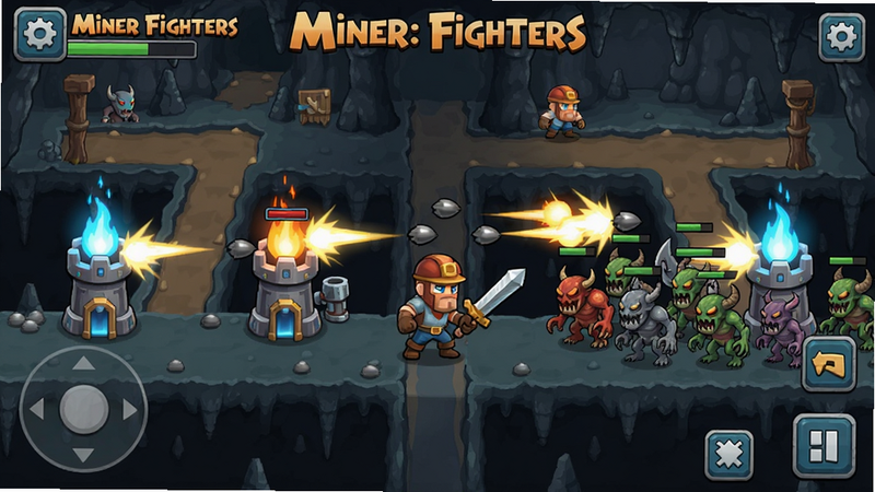 A battlefield scene in Miner Fighters showing several towers firing projectiles at waves of monsters. The miner character is in the middle wielding a sword. The background has a cave setting with multiple paths. The towers have glowing effects, monsters have distinct designs, and the overall composition is action-packed with a clear mobile game UI. Boogu model, Miner Fighters screenshot.