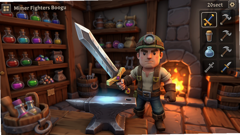 A miner character standing in a crafting workshop with a glowing anvil, holding a newly crafted sword. The background shows shelves filled with potions and materials. The scene has a warm forge fire, detailed tools, and a UI with crafting menus. Miner Fighters game, Boogu model, 9:16 vertical.