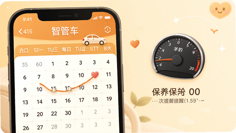 智管车app的保养提醒界面,日历标记,车辆仪表盘图标,暖色调,温馨提醒风格。