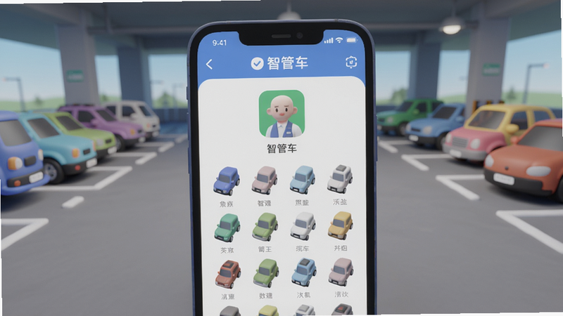 一张手机屏幕显示智管车app主界面,背景为停车场,车辆模型,画面清晰明亮,适合Boogu模型生成。