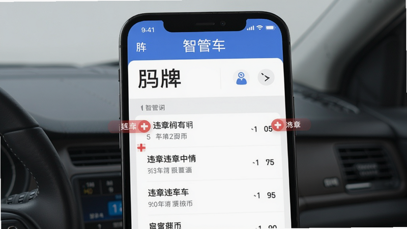 智管车app违章查询页面,显示车牌、违章详情列表,红色标记,界面简洁。