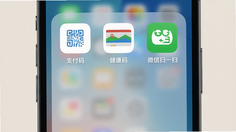 易指尖快捷指令面板,展示支付码、健康码、微信扫一扫等图标,每个图标下方有文字说明,手机屏幕亮起,背景为纯色,排版整齐美观