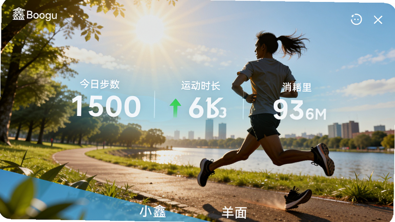 小鑫网络运动主界面展示,中央显示今日步数、运动时长、消耗卡路里等核心数据,背景为户外运动场景,阳光明媚,人物跑步剪影,整体风格清新活力,细节清晰,色彩明亮,适合Boogu模型生成