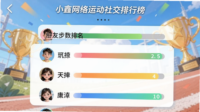 小鑫网络运动社交排行榜页面,显示好友步数排名,头像和昵称,背景有奖杯和彩色进度条,画面活泼有活力,适合Boogu模型生成