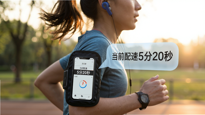 跑步吧语音播报功能示意,一名戴着蓝牙耳机的跑者正在晨跑,手机固定在手臂臂包上,耳机里传出语音提示的虚拟气泡,气泡内显示“当前配速5分20秒”字样。