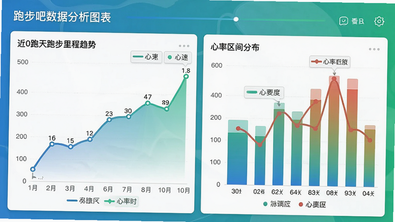 跑步吧数据分析图表,界面包含折线图和柱状图,显示近30天跑步里程趋势、配速变化和心率区间分布,颜色以蓝绿渐变为主,数据清晰易读。