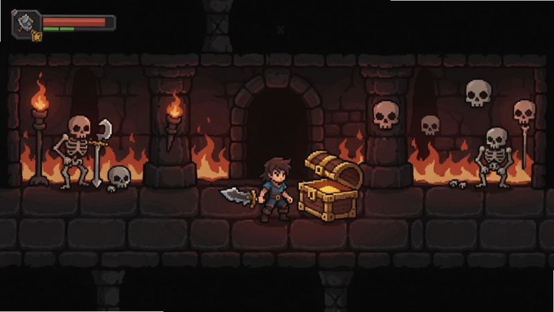 未知应用游戏主界面全景,展示暗黑风格的 dungeon 场景、角色手持武器站在宝箱前,背景有火焰和骷髅装饰,整体色调偏暗红与深灰,适配Boogu模型生成