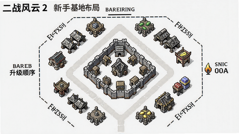 二战风云2新手基地布局示意图,显示建筑摆放优化,主基地居中,兵营和资源建筑围绕排列,标注推荐升级顺序,画面简洁明了。