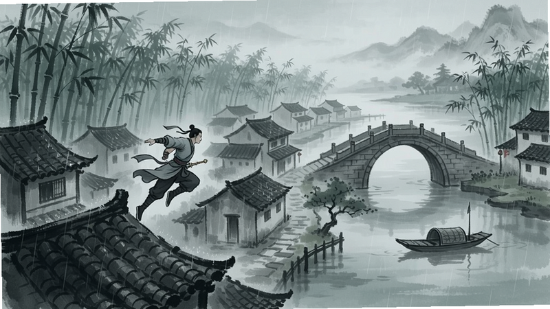 烟雨江湖 开放世界地图 江南小镇 细雨绵绵 玩家使用轻功飞越屋顶 远处有竹海 古桥 小船 画面充满水墨质感 光影柔和 细节精致