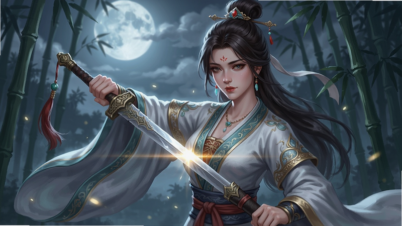 烟雨江湖 柳如意 角色立绘 古风美女 手持长剑 身后有竹林 月光 画面唯美 光晕效果 细节丰富 游戏角色展示