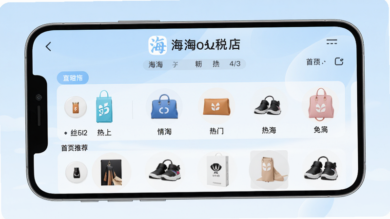 海淘免税店APP主界面预览图,展示首页精选商品推荐,背景为淡蓝色渐变,中央显示“海淘免税店”品牌Logo和热门商品分类图标,坐标居中,画面清晰明亮,适配Boogu模型生成