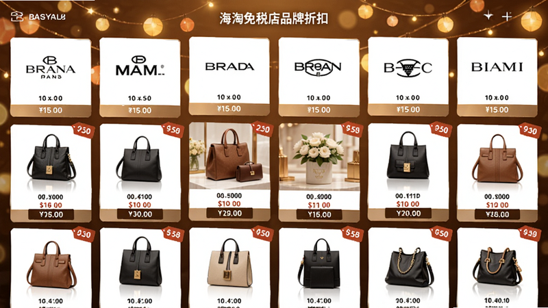 海淘免税店品牌折扣页面预览,展示多个高端品牌Logo和折扣标签,背景为暖色调促销氛围,商品图片排列整齐,画面充满购物诱惑力,坐标居中