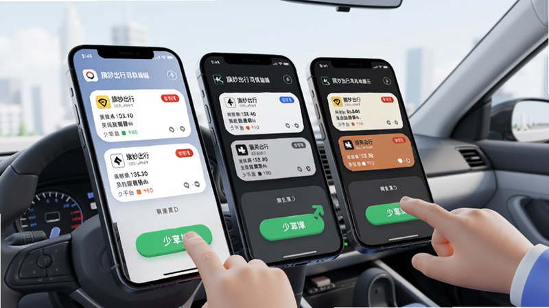 旗妙出行司机端聚合版多平台订单聚合展示,手机屏幕并列显示不同平台的订单卡片,驾驶员手指点击接单,背景简洁明亮,科技感,3D渲染风格