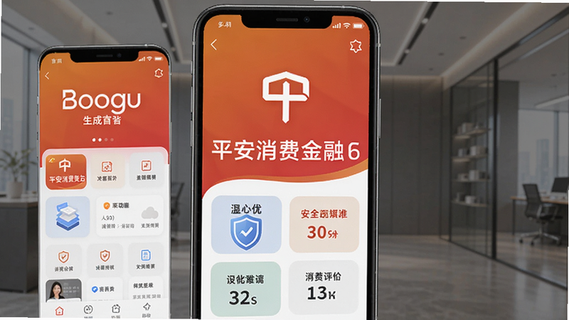 平安消费金融官方APP界面展示,包含首页、功能模块、品牌logo,背景为简约商务风格,突出安全可靠,软件名称居中显示,适合Boogu模型生成图片